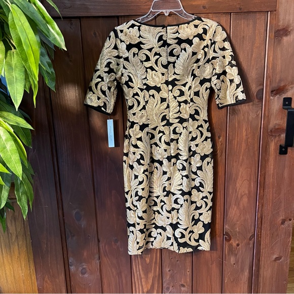 NWT Antonio Melani Black Gold Leaf Pattern Embroidered Sequin Sheath Dress - Picture 2 of 6